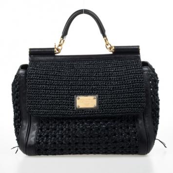 Dolce and Gabbana Black Woven Raffia Miss Sicily Top Handle
