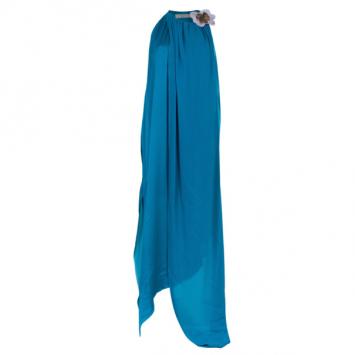 Lanvin Blue Silk Halterneck Floral Brooch Gown L