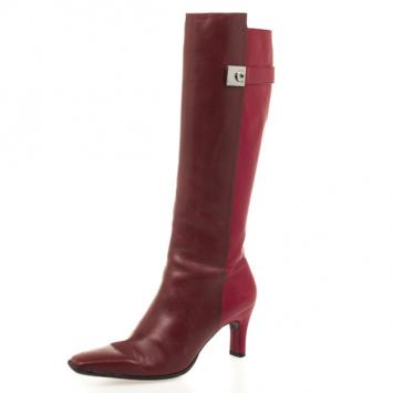 Salvatore Ferragamo Two Tone Brown & Burgundy Leather Knee Length Boots Size 36