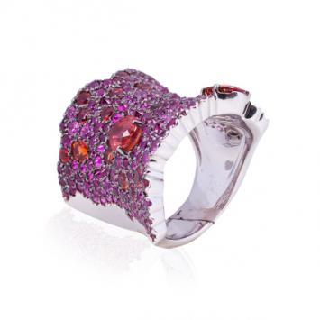 Stefan Hafner 18 K White Gold Sapphire and Rubies Fancy Colored Ring Size 56