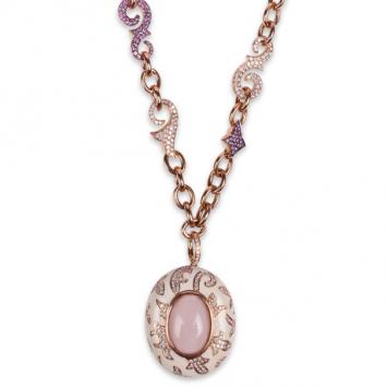 La Nouvelle Bague 18 K Rose Gold Diamond and Chalcedony Big Ivory Enameld Pendant Necklace