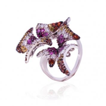 Stefan Hafner 18 K White Gold Diamonds and Colored Sapphire Fancy Flower Ring Size 54