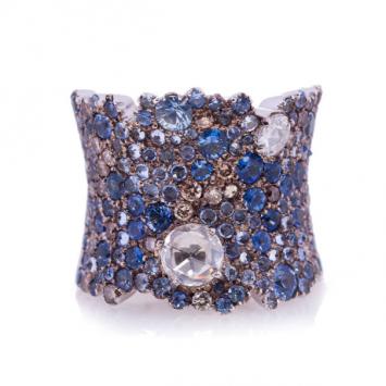 Stefan Hafner 18 K White Gold Diamond and Sapphire Fancy Band Ring Size 56