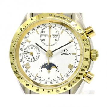 Pre Owned Omega White 18K Yellow Gold & Stainless Steel Speedmaster Triple Date Moonphase Men's Wristwatch 39MM