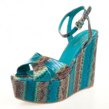 Sergio Rossi Blue Snakeskin Wedges Sandals Size 38