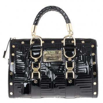 Versace Black Patent Quilted Snap Out Of It Satchel