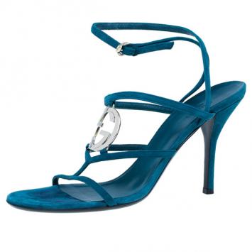 Gucci Turquoise Suede GG Cage Ankle Strap Sandals Size 39.5