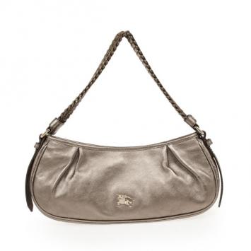 Pre Owned Burberry Silver Medium Metallic Grainy Leather Hobo