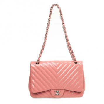 Chanel Pink Patent Jumbo Chevron Flap Bag