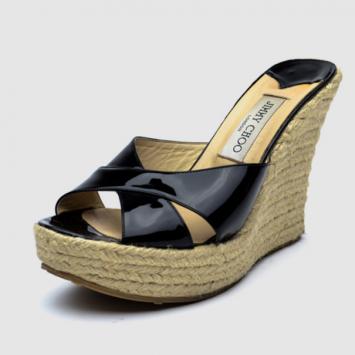 Jimmy Choo Black Patent ‘Phyllis’ Espadrilles Wedges Slides Size 40