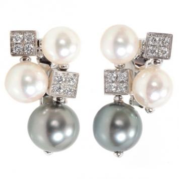 Bvlgari Diamond and Pearl 18 K White Gold Earrings