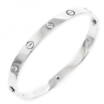 Cartier Love 6 Diamonds Bangle Bracelet 18k White Gold Size 17