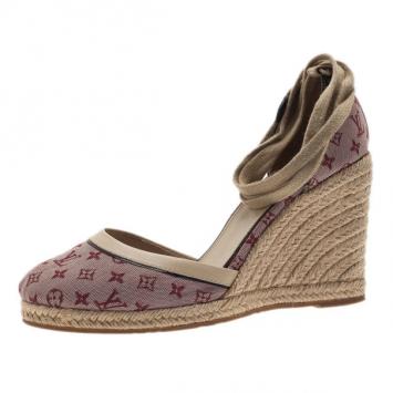 Louis Vuitton Pink Monogram Denim Espadrilles Wedges With Straps Size 39