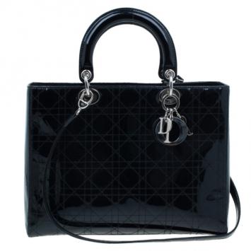 Dior Black Patent Cannage Large Lady Dior Tote