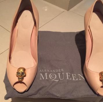 Alexander McQueen Beige Leather Skull Peep Toe Pumps