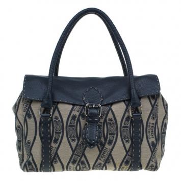 Fendi Beige and Black Twist Motif Selleria Satchel