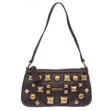 Burberry Brown Leather Gold Studded Small Shoulder Bag