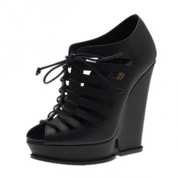 Saint Laurent Paris Black Leather Cut Out Hortense Wedge Booties Size 35.5