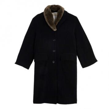 Max Mara Black Wool Coat with Fur Collar L