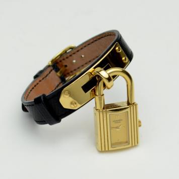 Hermes Black Gold Leather Kelly Ladies Wristwatch