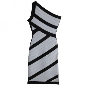 Herve Leger Black and Grey One Shoulder Bandage Dress S