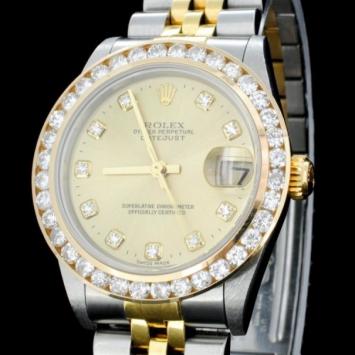 Rolex YG/SS DateJust Diamond Mid-Size Wristwatch  Description: Estimated Retail Replacement Value: 32,250.00 Ref: WAG25800  Specification: Documents: Gemologist report Model: Oyster Perpetual DateJust Movement: Perpetual, Self Winding, 31 - Jewel Chronome