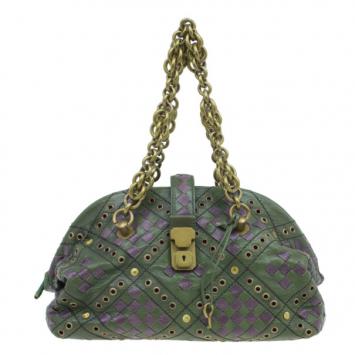 Bottega Veneta Green and Purple Intrecciato Leather Bowling Bag