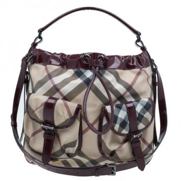 Burberry Maroon Patent Nova Check Drawstring Hobo