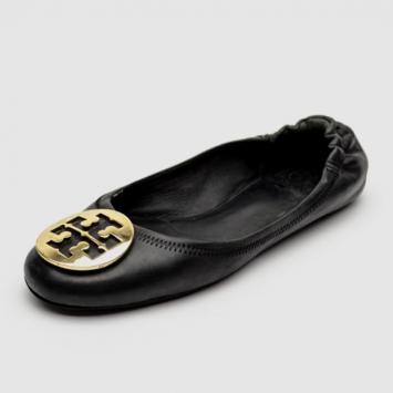 Tory Burch Black Leather Reva Pebbled Logo Ballerina Flats Size 40