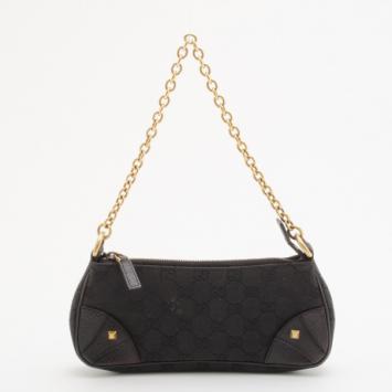 Gucci Black Signature "GG" Canvas Chain Link Nailhead Pochette Handbag