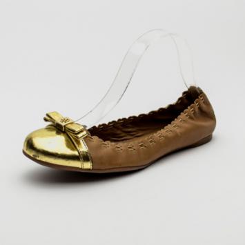 Tory Burch Brown Leather Eddie Logo Bow Metallic Toe Cap Ballerinas Size 40