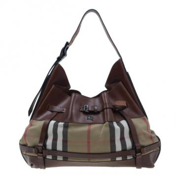 Burberry Brown Leather Bridle House Check Hobo
