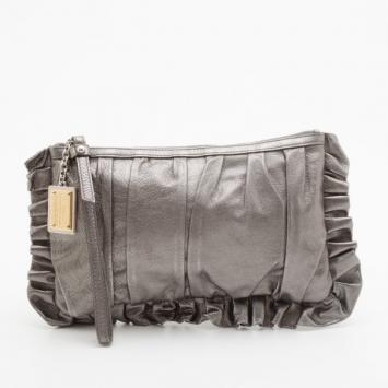Dolce and Gabbana Silver Pleated Leather Ruffle Zip Clutch