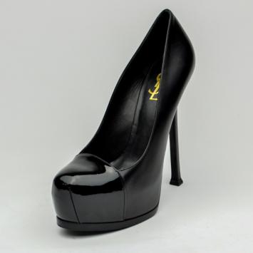 Yves Saint Laurent Black Patent Tribute Two Cap Toe Escarpin Pumps Size 38.5