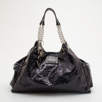 Pre Owned Versace Dark Green Venus Ostrich-Stamped Patent Hobo