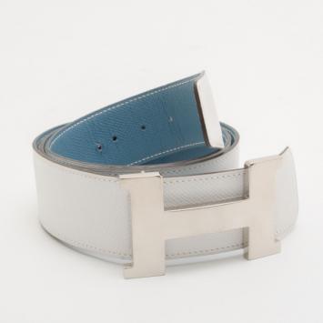Hermes Blue & White Leather Silver Tone 'H' Buckle Belt