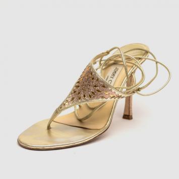 Jimmy Choo Gold Glitter Fabric Mirror Tie Up Sandals Size 38