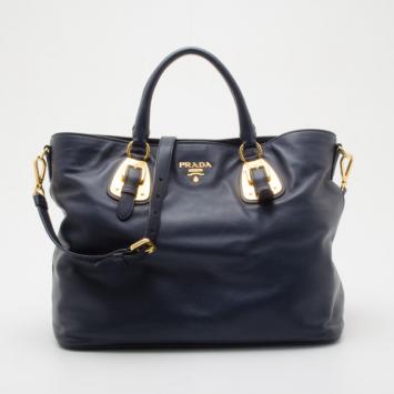 Prada Navy Baltico Soft Calf Leather Tote