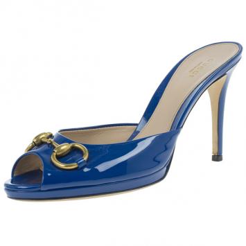 Gucci Blue Patent New Hollywood Horsebit Platform Mules Size 39
