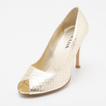 Prada Gold Snakeskin Print Peep Toe Sandals Size 35.5