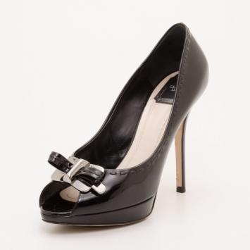 Dior Black Patent Leather Bow Peep Toe Platform Pumps Size 40