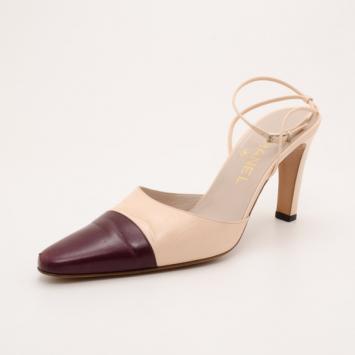 Chanel Beige and Burgundy Classic Cap Toe Slingback Heels Size 39