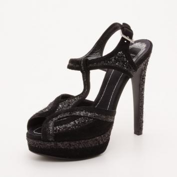 Dior 'Celeste' Black Glitter and Suede T-Strap Sandals Size 38