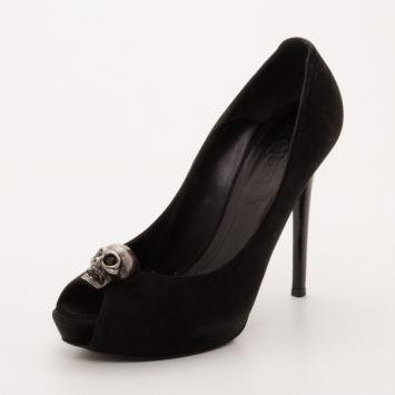 Alexander McQueen Black Suede Skull Peep Toe Pumps Size 37.5