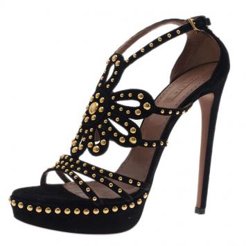Azzedine Alaia Black Suede Studded Cutout Sandals Size 37.5