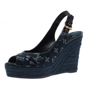 Louis Vuitton Denim Monogram Bastille Espadrilles Slingback Wedge Sandals Size 39.5