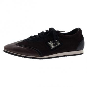 Pre Owned Dolce and Gabbana Brown Suede and Leather Logo Plaque Sneakers Size 42