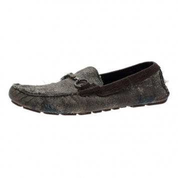 Pre Owned Dolce and Gabbana Grey and Brown Canvas Horsebit Loafers Size 42