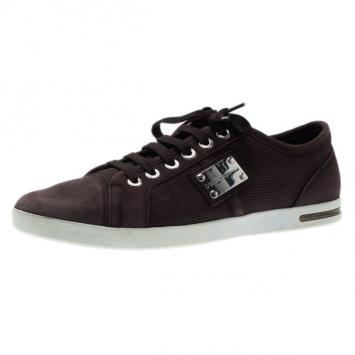 Pre Owned Dolce and Gabbana Brown Leather Logo Plaque Sneakers Size 42