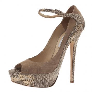 Jimmy Choo Beige Python and Suede Tami Peep Toe Ankle Strap Pumps Size 39.5